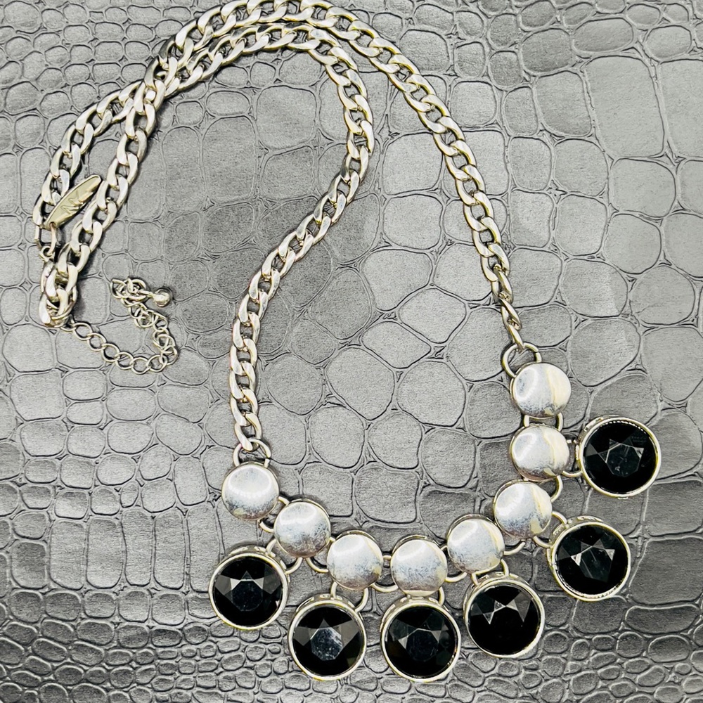 New York & CO Silver Necklace adorned with 6 hanging Black Crystals
